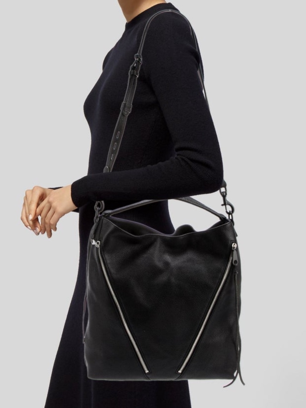 Rebecca Minkoff Black Pebbled Leather Hobo with Additional Strap Side Zippers